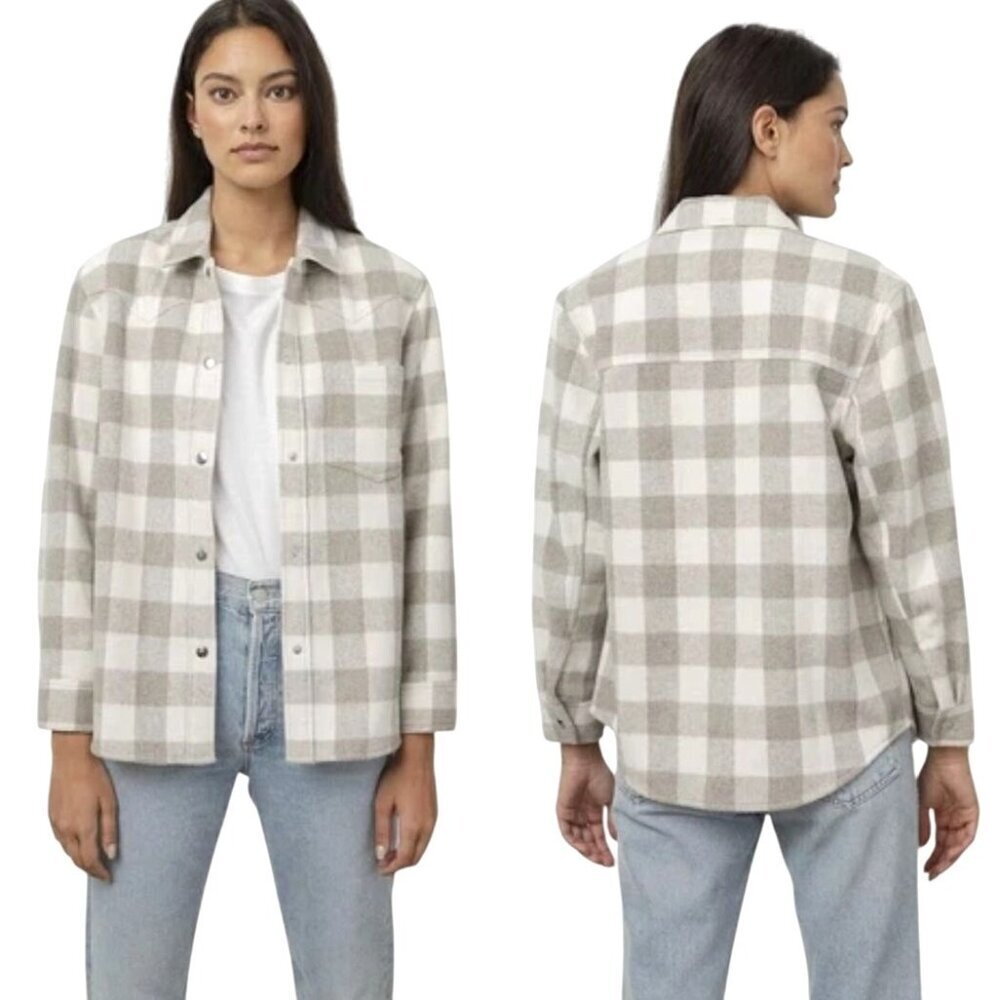 Rails Plaid Button-Down Shirt Jacket in White and Taupe